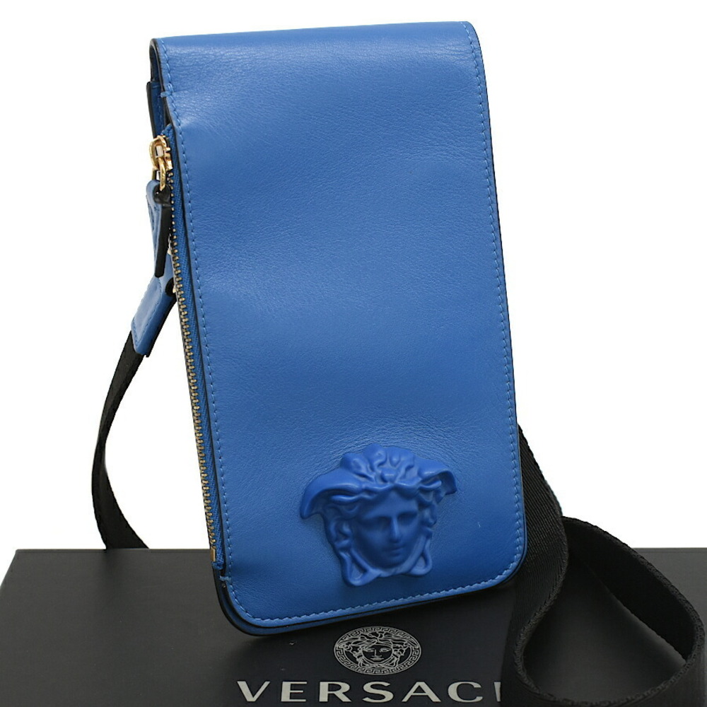 Versace La Medusa Wearable Pouch Shoulder Bag Wallet Blue Leather